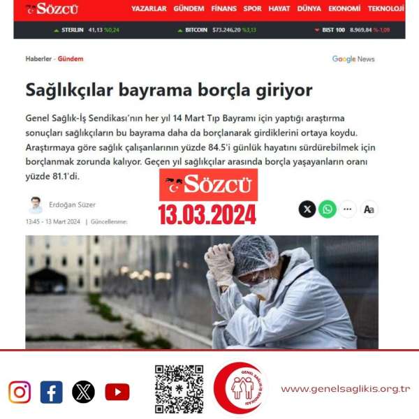 Sağlıkçılar bayrama borçla giriyor / Sözcü Gazetesi 13.3.2024