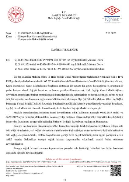 Sağlık Bakanlığı Halk Sağlığı Genel Müdürlüğü’nün Entegre İlçe Hastanesi Bünyesindeki Entegre Aile Hekimliği Birimleri konulu 81 il valiliğine yazmış olduğu yazı hakkında