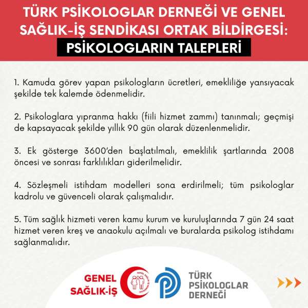 Türk Psikologlar Derneği ve Genel Sağlık-İş Sendikası Ortak Bildirgesi: Psikologların Talepleri