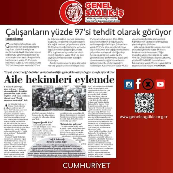 Aile sağlık merkezi çalışanlarının yüzde 97’si yeni yönetmeliği ‘tehdit’ olarak görüyor / Cumhuriyet