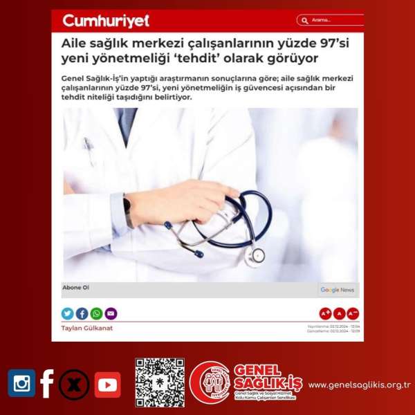 Aile sağlık merkezi çalışanlarının yüzde 97’si yeni yönetmeliği ‘tehdit’ olarak görüyor / Cumhuriyet