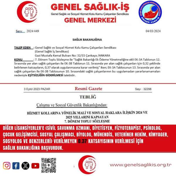 7. DÖNEM TOPLU SÖZLEŞME İLE DİĞER LİSANSİYERLER’E VERİLMEYEN 0.37 KATSAYISININ VERİLMESİ İÇİN SAĞLIK BAKANLIĞINA BAŞVURUDA BULUNDUK!