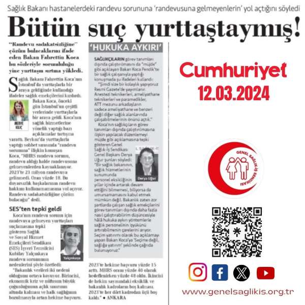 Sağlık Bakanı hastanelerdeki randevu sorununa ‘randevusuna gelmeyenlerin’ yol açtığını söyledi / Cumhuriyet 12.3.2024