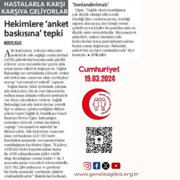 Hastalarla karşı karşıya geliyorlar: Hekimlere ‘anket baskısına’ tepki / Cumhuriyet 19.3.2024