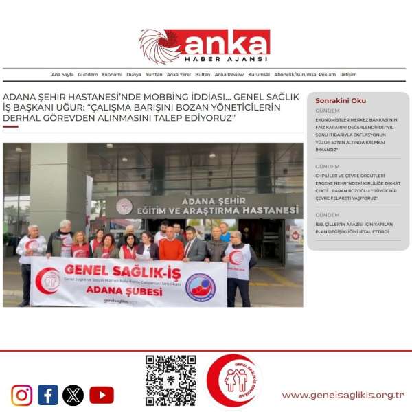 ADANA ŞEHİR HASTANESİ’NDE MOBBİNG İDDİASI... GENEL SAĞLIK İŞ BAŞKANI UĞUR: “ÇALIŞMA BARIŞINI BOZAN YÖNETİCİLERİN DERHAL GÖREVDEN ALINMASINI TALEP EDİYORUZ”