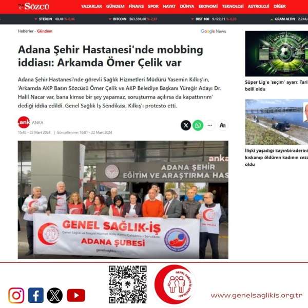 Adana Şehir Hastanesi'nde mobbing iddiası: Arkamda Ömer Çelik var / Sözcü 22.3.2024