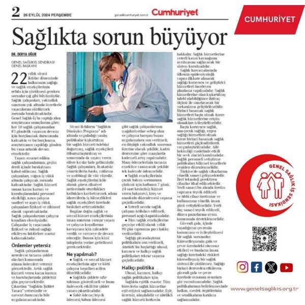 Sağlıkta sorun büyüyor - Dr. Derya Uğur / Cumhuriyet Olaylar ve Görüşler